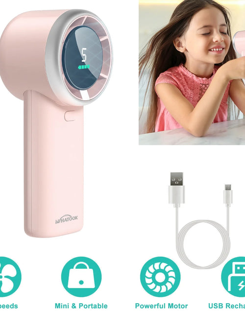 Load image into Gallery viewer, WHATOOK Portable Handheld Fan, Adjustable Mini Fan,Rechargeable Personal Fan,Digital Display,Gifts for Women Men Travel/Camping/Outdoor-Pink