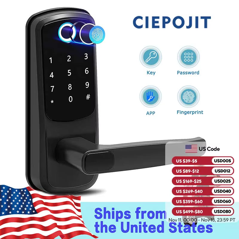 Smart Lock 5 in 1 Door Lock with Handle Biometric Technology Storage Memory Function TT LOCK APP Control
