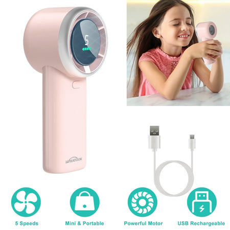 WHATOOK Portable Handheld Fan, Adjustable Mini Fan,Rechargeable Personal Fan,Digital Display,Gifts for Women Men Travel/Camping/Outdoor-Pink