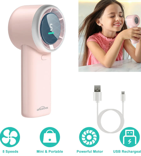 WHATOOK Portable Handheld Fan, Adjustable Mini Fan,Rechargeable Personal Fan,Digital Display,Gifts for Women Men Travel/Camping/Outdoor-Pink