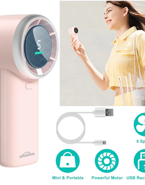 Load image into Gallery viewer, WHATOOK Portable Handheld Fan, Adjustable Mini Fan,Rechargeable Personal Fan,Digital Display,Gifts for Women Men Travel/Camping/Outdoor-Pink
