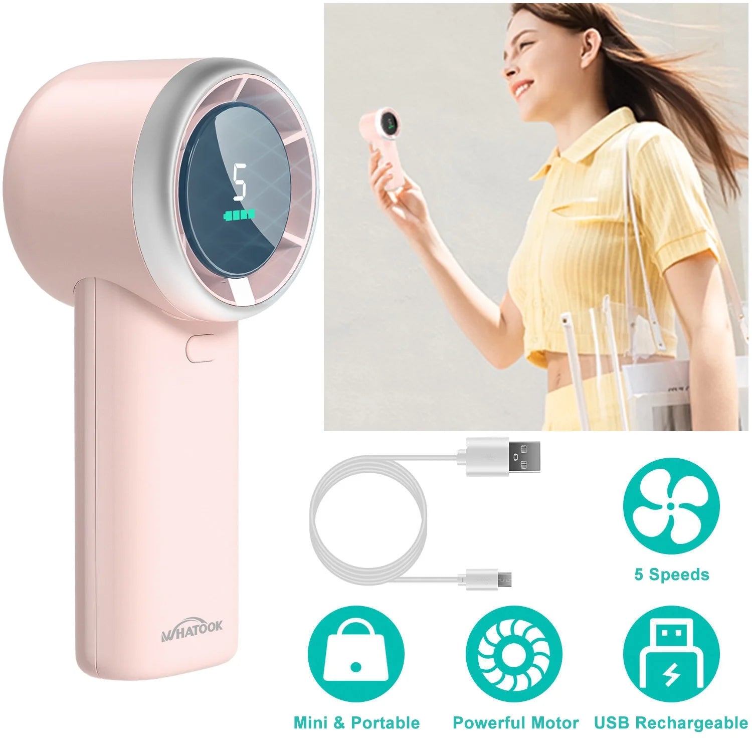 WHATOOK Portable Handheld Fan, Adjustable Mini Fan,Rechargeable Personal Fan,Digital Display,Gifts for Women Men Travel/Camping/Outdoor-Pink